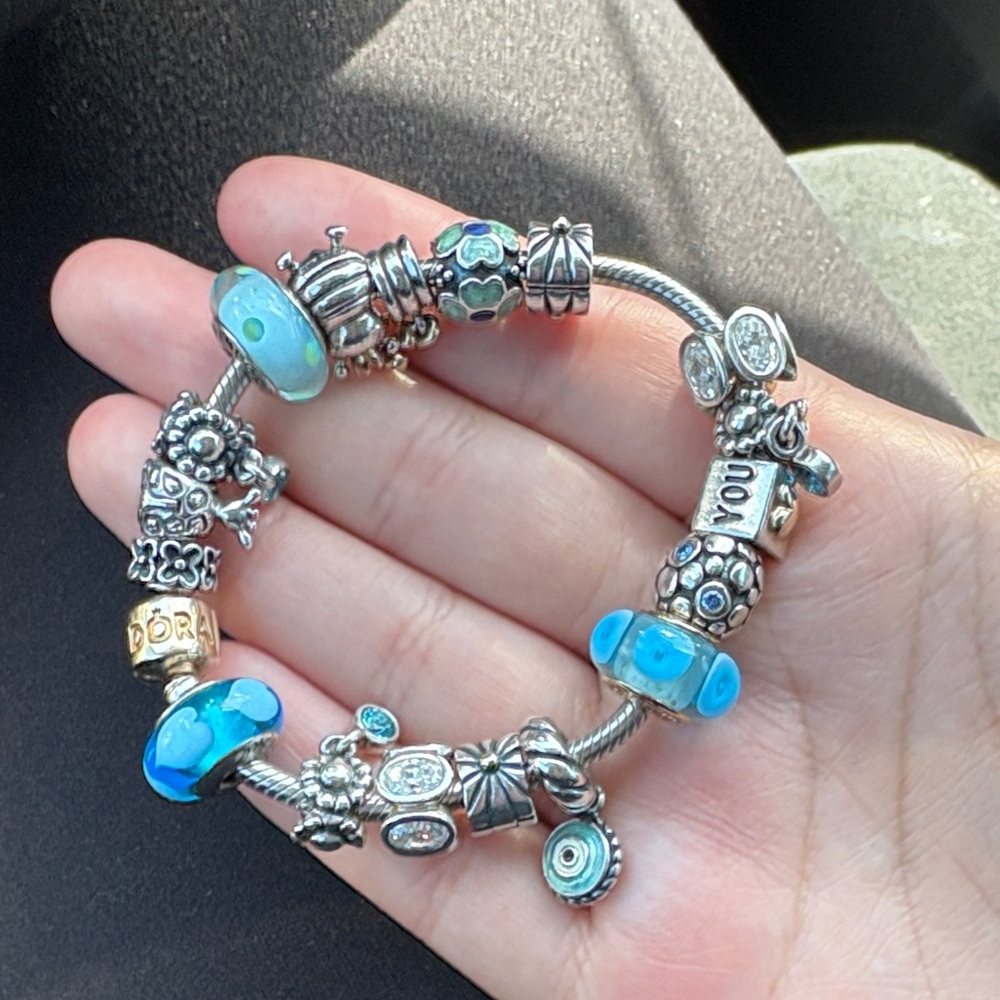 Pandora Silver and Blue Charm Bracelet 13 charms